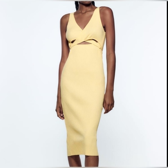 Zara Dresses & Skirts - ZARA Women's Yellow Cut Out Knit Midi Dress L Sleeveless Summer Ribbed Casual